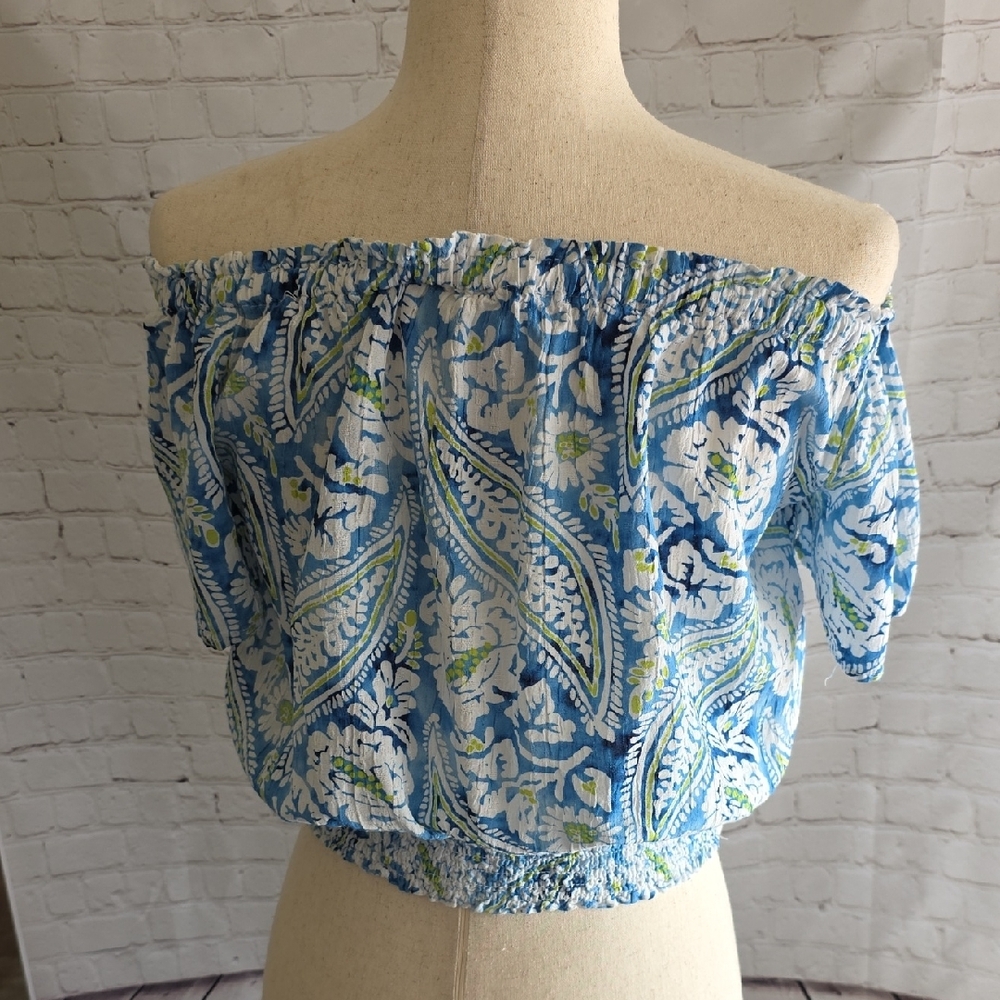 Christian Siriano NY Blue White Paisley Linen‎ Blend Smocked Top Small - Picture 5 of 9